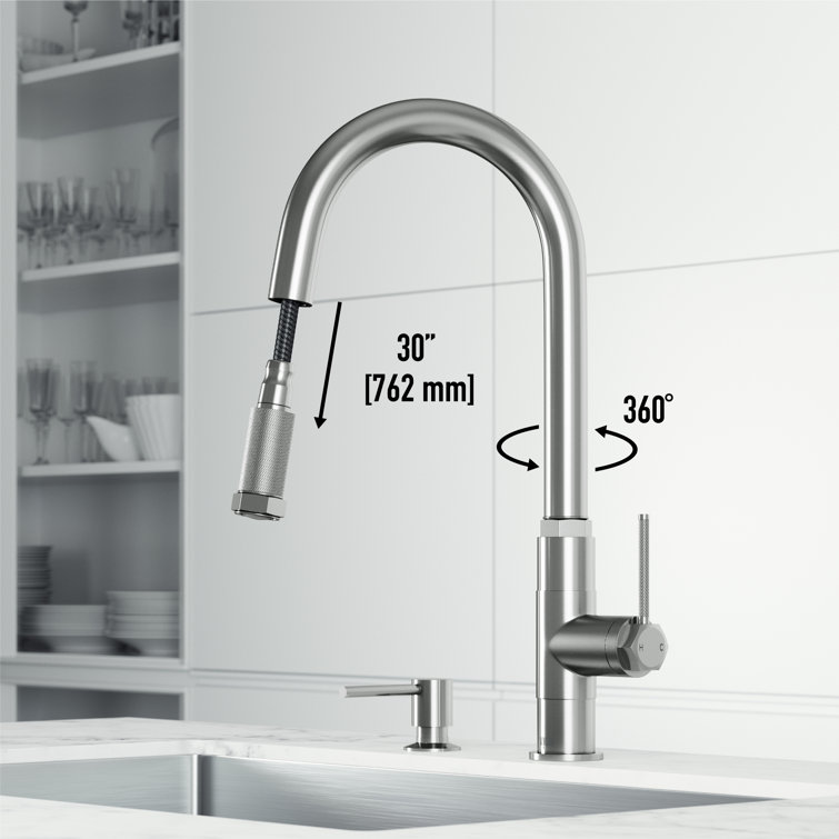 Hart Arched Stainless Steel Pull-Down Kitchen Faucet with Soap Dispenser