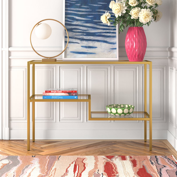 Evelyn&Zoe Lovett Modern Brushed Gold Console Table with Tempered Glass Shelves
