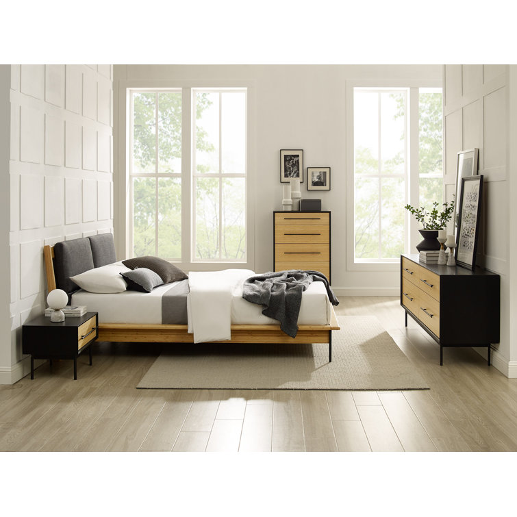 Black and Natural Bamboo 1-Drawer Nightstand with Metal Handle