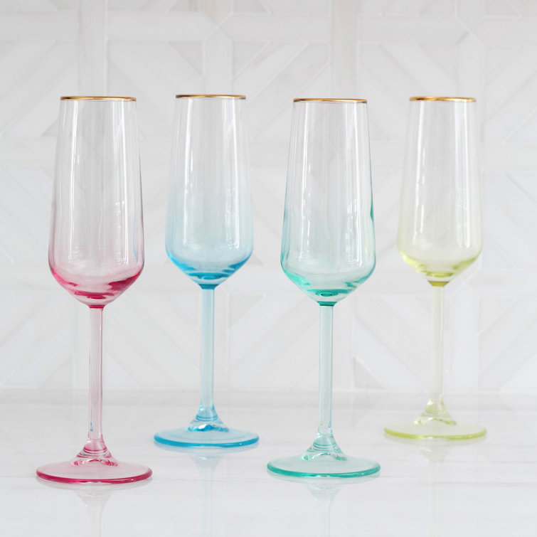 Assorted Multicolor Glass Champagne Flute Set with Gold Rim