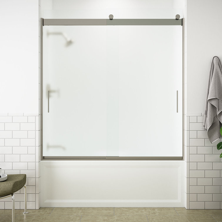 Levity Matte Nickel Sliding Bath Door with Frosted Glass Panels