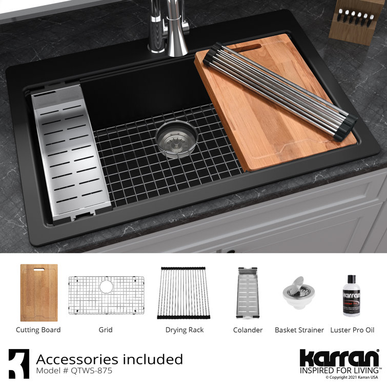 Gray Quartz 33'' Single Bowl Drop-in Workstation Sink