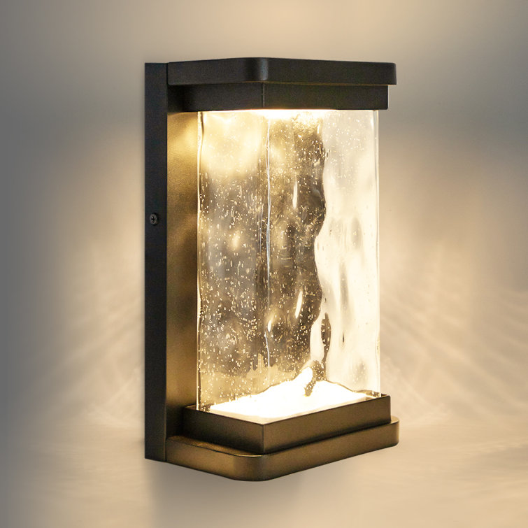 Modern Matte Black LED Outdoor Wall Lantern with Seeded Glass