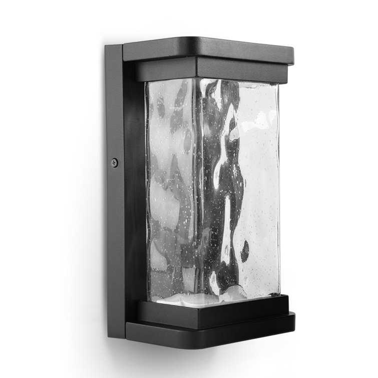 Modern Matte Black LED Outdoor Wall Lantern with Seeded Glass