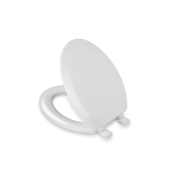 White Molded Wood Elongated Toilet Seat with Adhesive Hinges