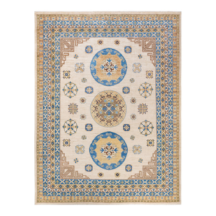 Ivory Floral Khotan Silk Road Tribute Hand-Knotted Wool Rug 9' x 12'