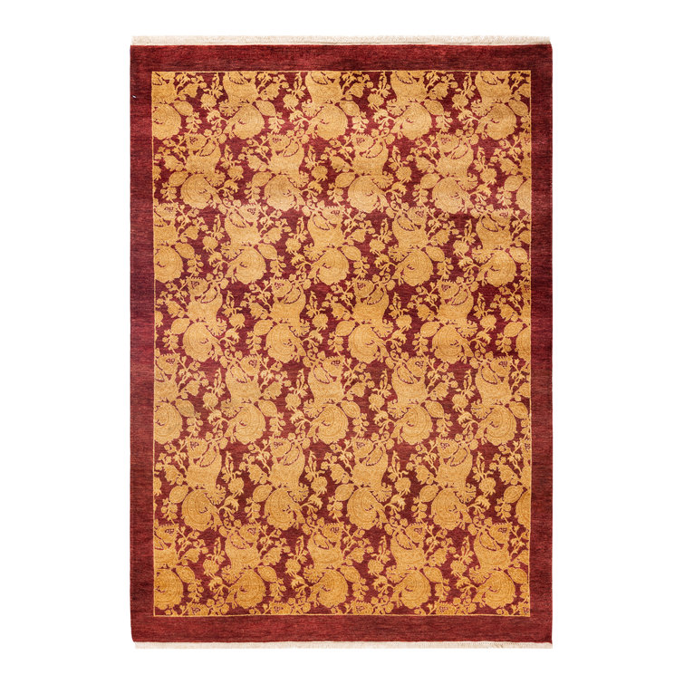 Hand-Knotted Red Wool Abstract Rectangular Area Rug