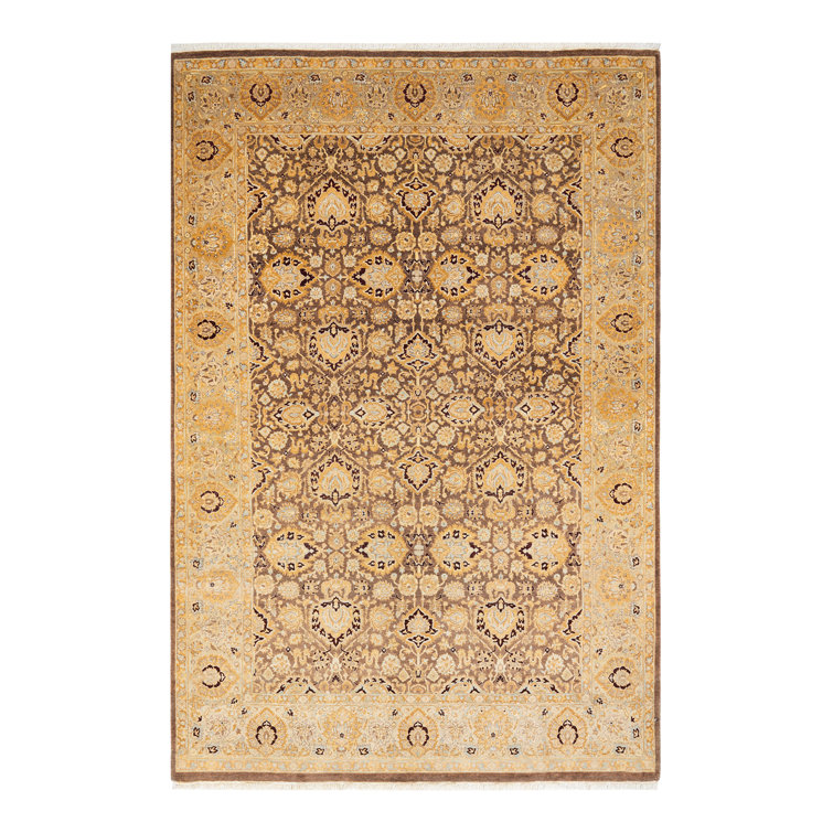 Hand-Knotted Oriental Wool Area Rug in Brown and Gold, 6'2" x 9'1"