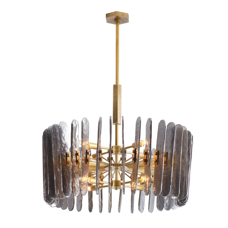 Antique Brass Drum Chandelier with Smoke Glass Panels