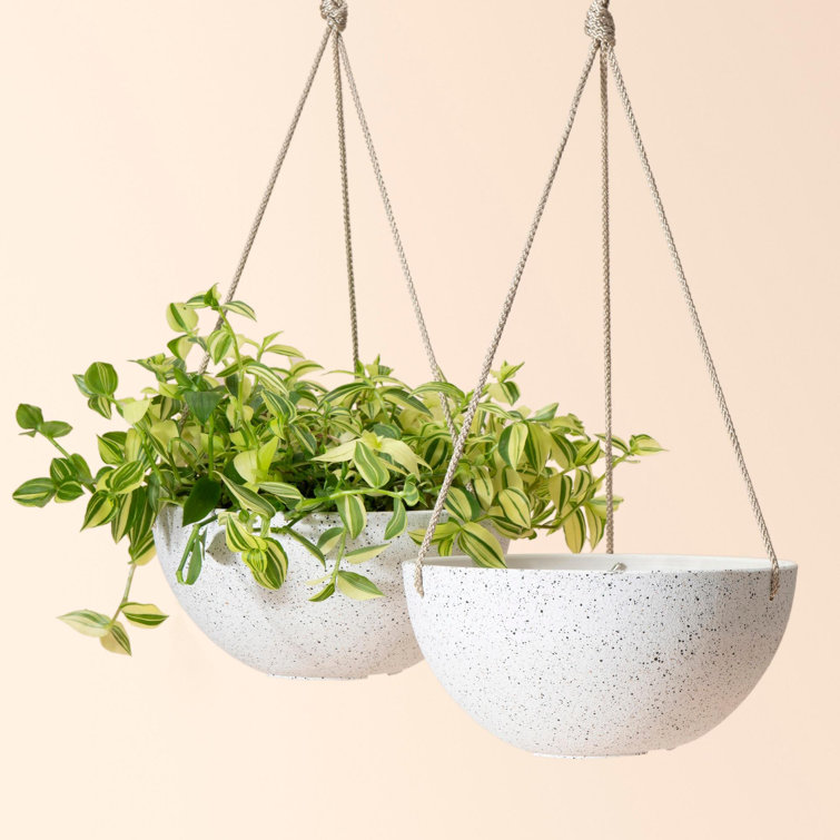 Speckled White 10'' Hanging Planters with Rope Hanger, Set of 2