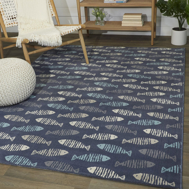 Blue Rectangular Geometric Fish Pattern Synthetic Area Rug