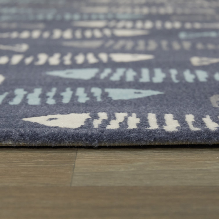 Blue Rectangular Geometric Fish Pattern Synthetic Area Rug