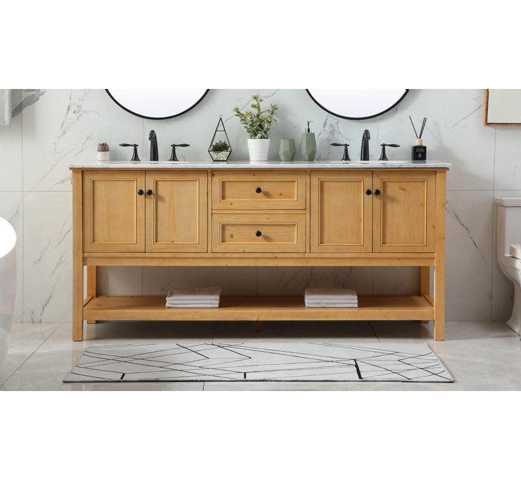 Natural Wood 72'' Double Bathroom Vanity with Carrara Marble Top