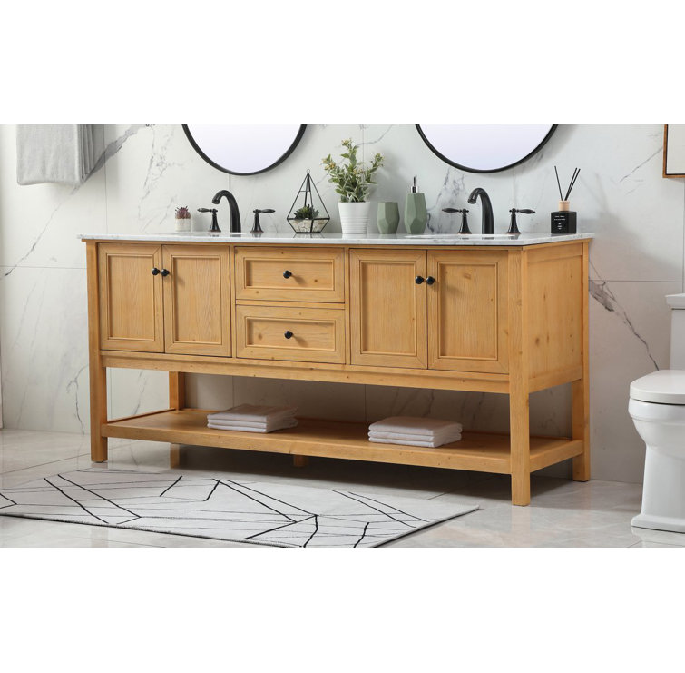 Natural Wood 72'' Double Bathroom Vanity with Carrara Marble Top
