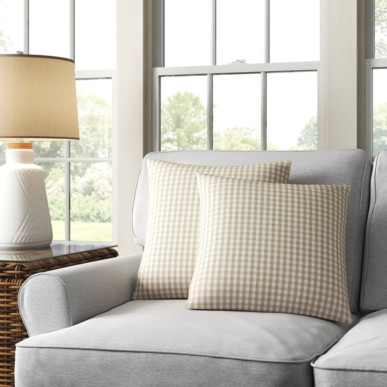 Beige and White Plaid Square Outdoor Throw Pillows, Set of 2