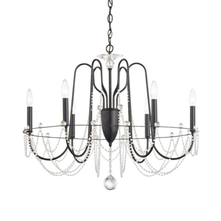Elegant Black Steel 6-Light Candle-Style Chandelier with Crystal Accents