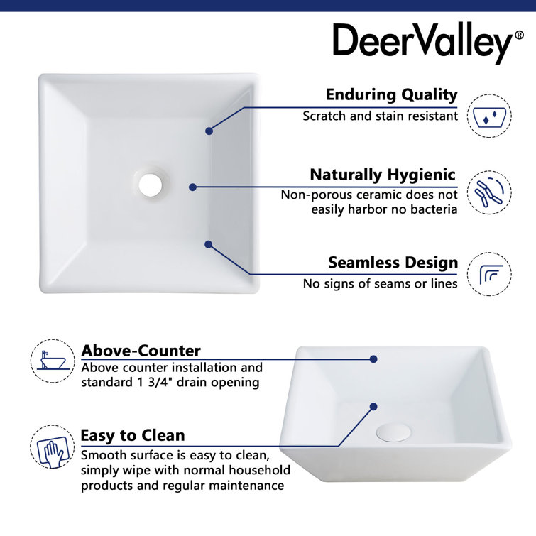 Ace 16'' Square White Ceramic Vessel Sink