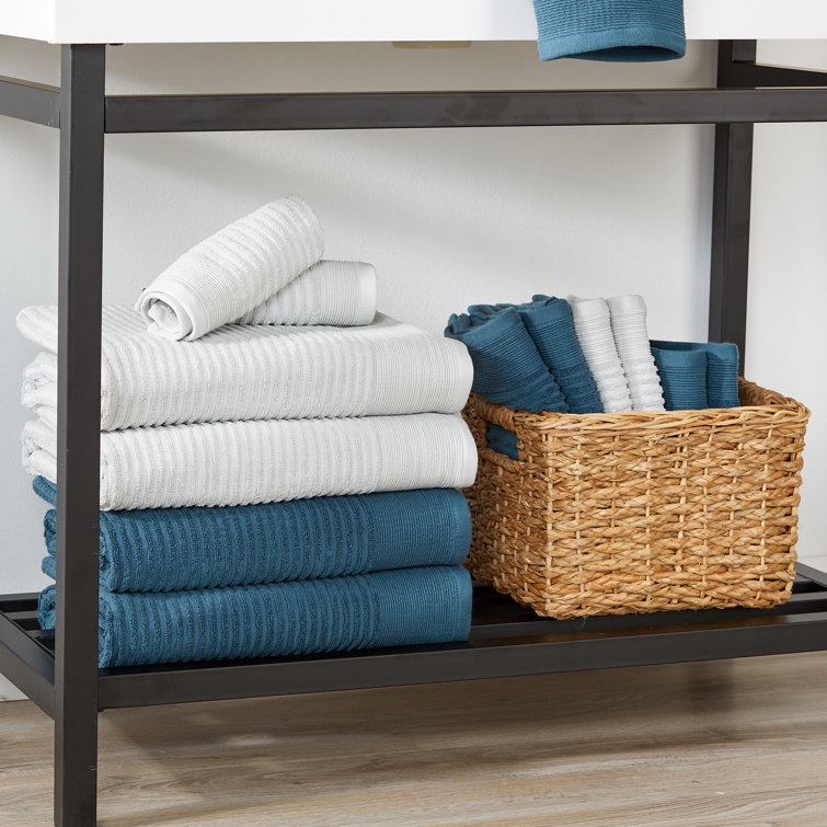 Light Gray and Blue Cotton Ribbed Hand Towels Set
