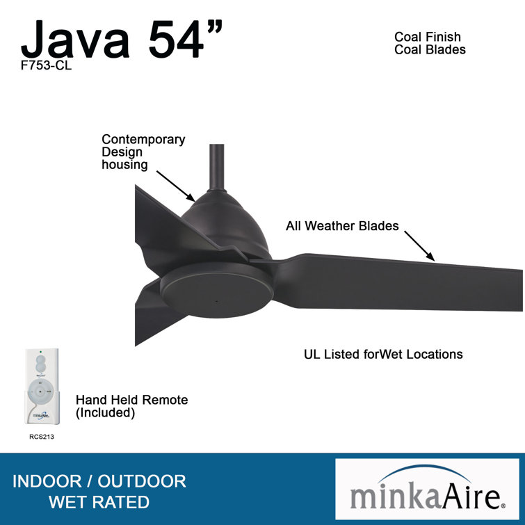 54" Coal Black 3-Blade Ceiling Fan with Remote Control