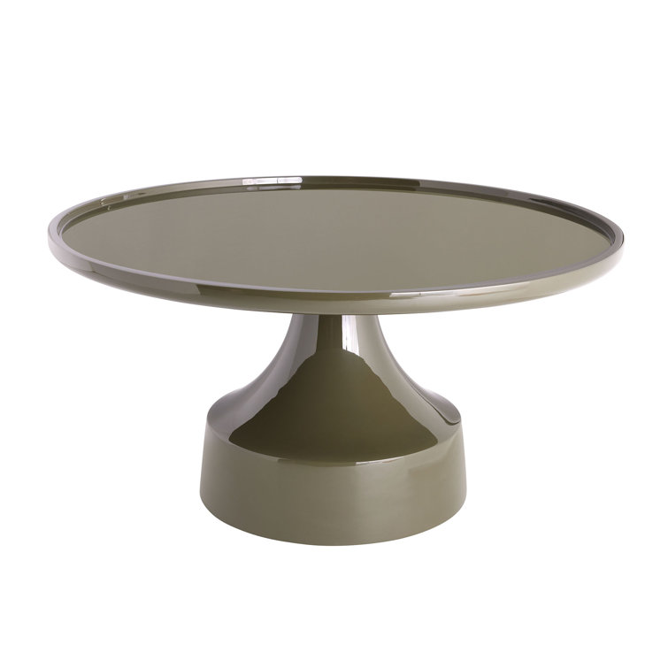 Olive Lacquered Wood Round Cocktail Table with Pedestal Base