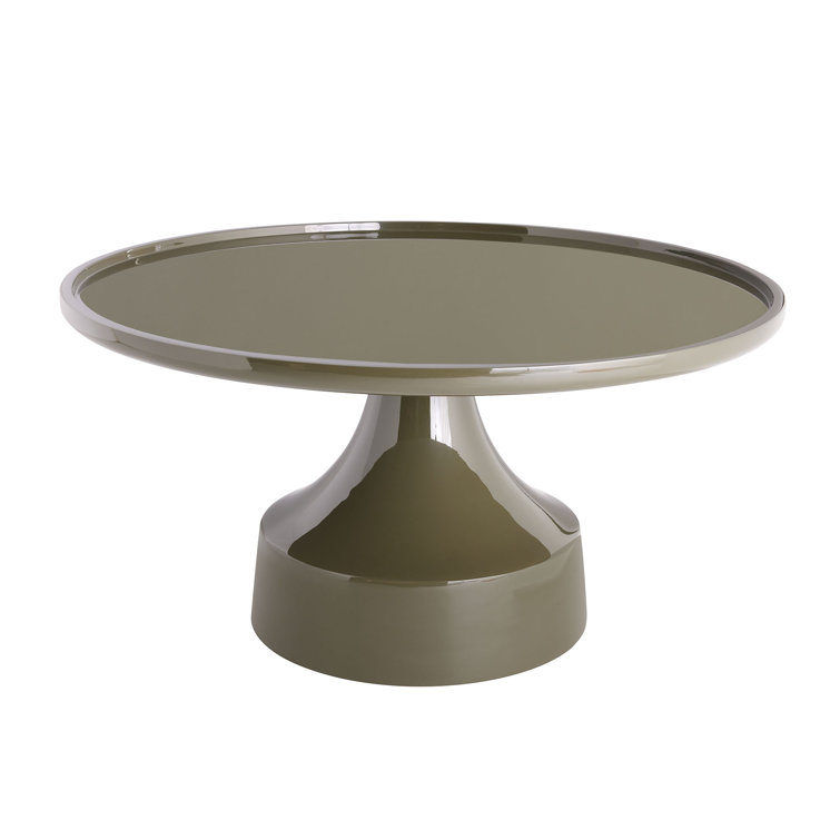 Olive Lacquered Wood Round Cocktail Table with Pedestal Base