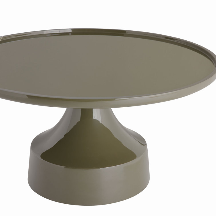 Olive Lacquered Wood Round Cocktail Table with Pedestal Base