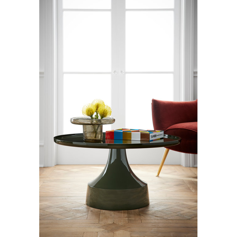Olive Lacquered Wood Round Cocktail Table with Pedestal Base
