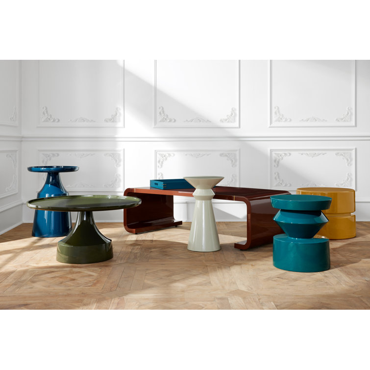 Olive Lacquered Wood Round Cocktail Table with Pedestal Base