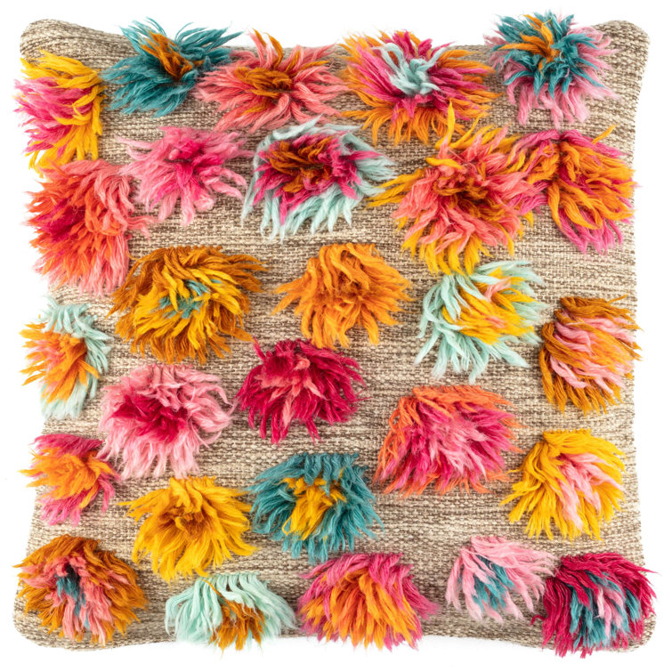 Multicolor Wool Blend Square Throw Pillow with Pom-Poms
