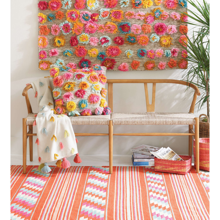 Multicolor Wool Blend Square Throw Pillow with Pom-Poms