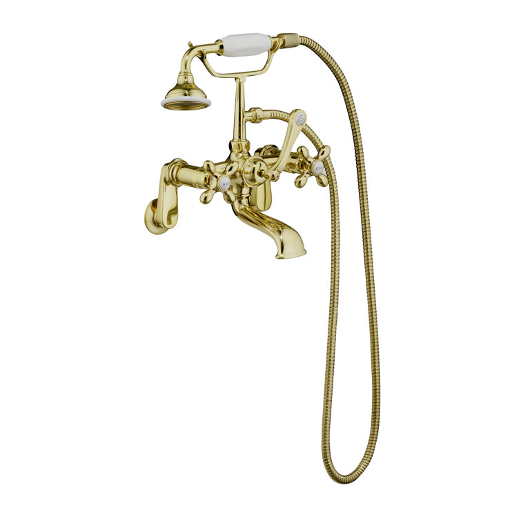 Polished Brass Wall-Mounted Tub Faucet with Handshower