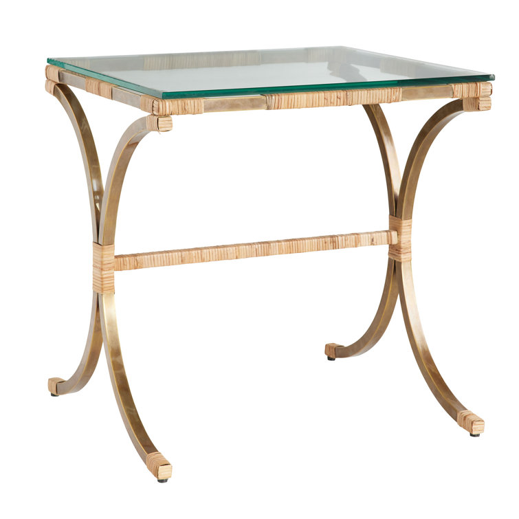 Vintage Brass and Rattan Square End Table