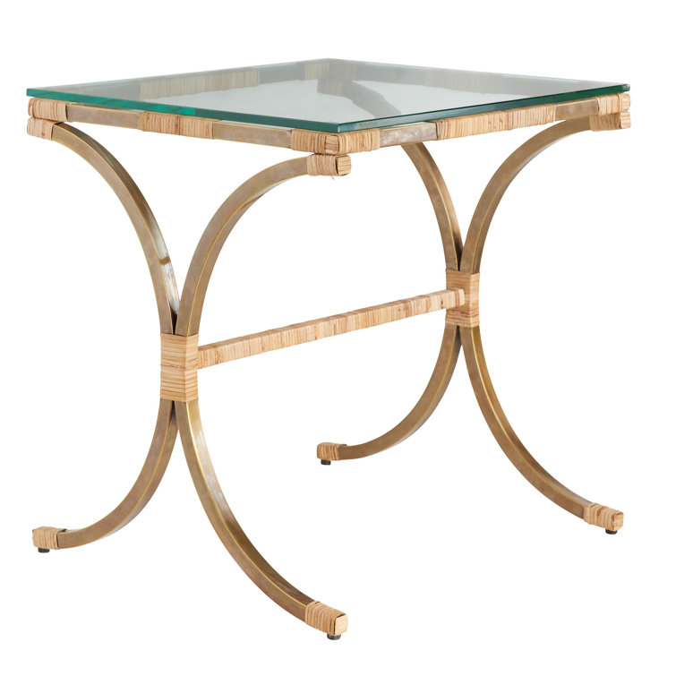 Vintage Brass and Rattan Square End Table
