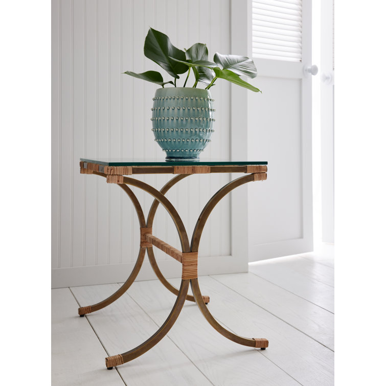 Vintage Brass and Rattan Square End Table