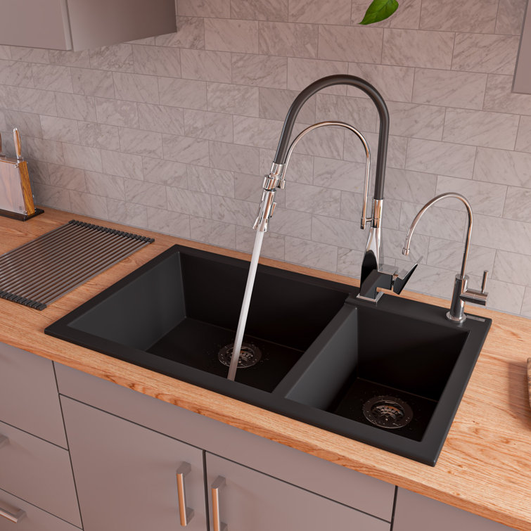 34'' Black Granite Double Bowl Drop-In Kitchen Sink