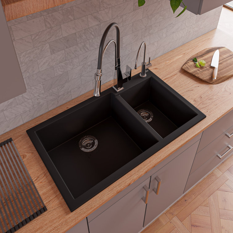 34'' Black Granite Double Bowl Drop-In Kitchen Sink