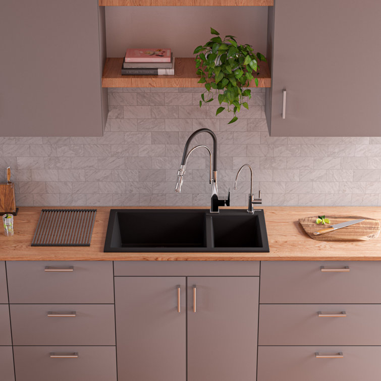 34'' Black Granite Double Bowl Drop-In Kitchen Sink