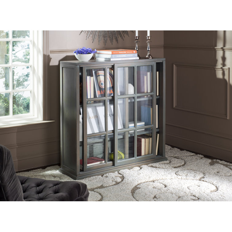 Transitional Gray Elm Wood 3-Tier Bookcase with Glass Doors
