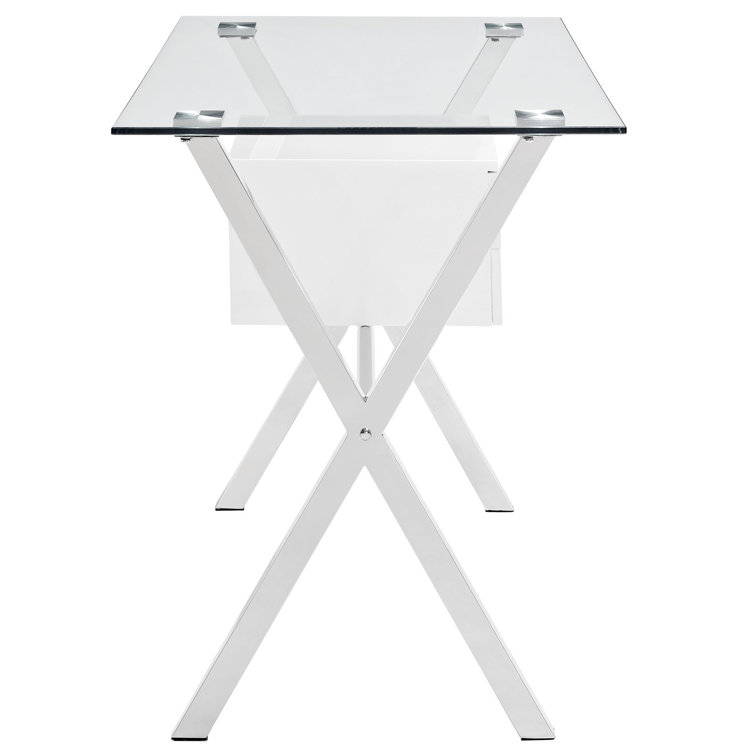 White Glass Top X-Base Office Desk with Drawer