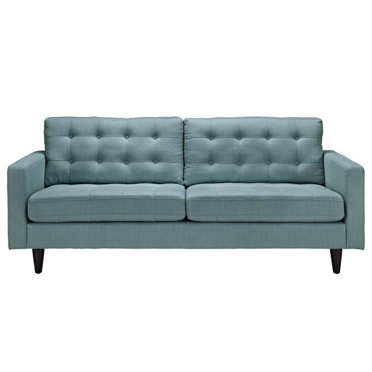 Laguna Blue Tufted Fabric Sofa with Wood Legs