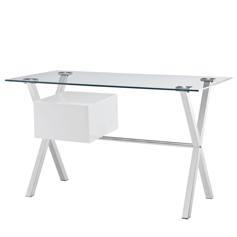 White Glass Top X-Base Office Desk with Drawer