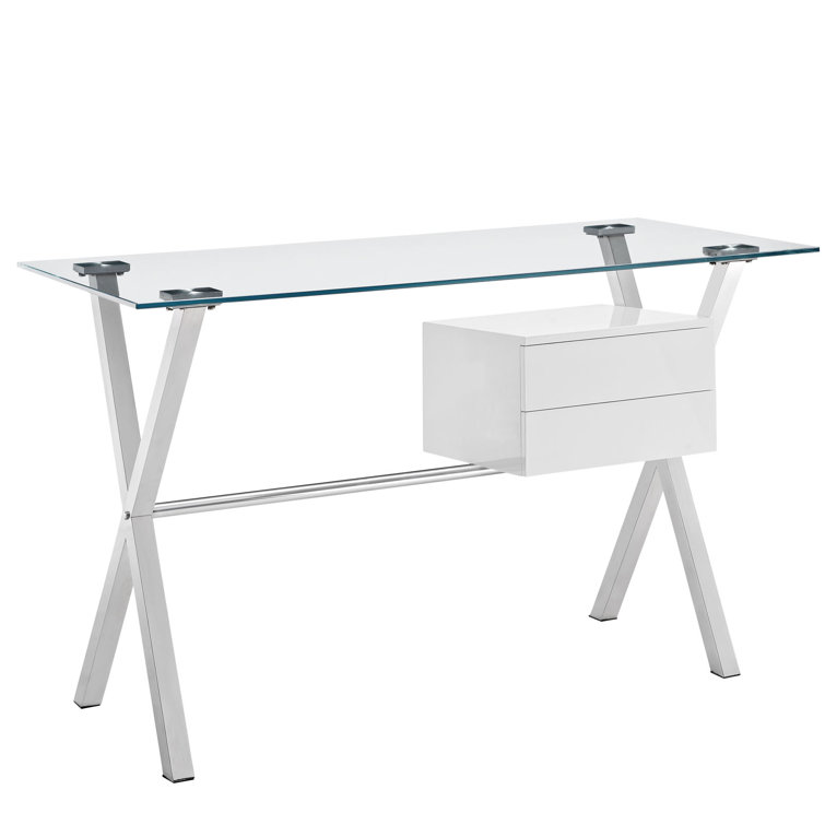 White Glass Top X-Base Office Desk with Drawer