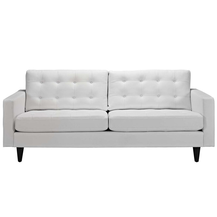 White Tufted Faux Leather Sofa with Wood Legs