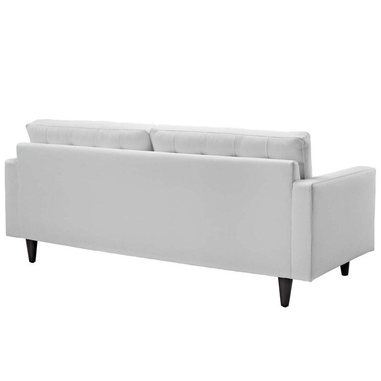 White Tufted Faux Leather Sofa with Wood Legs