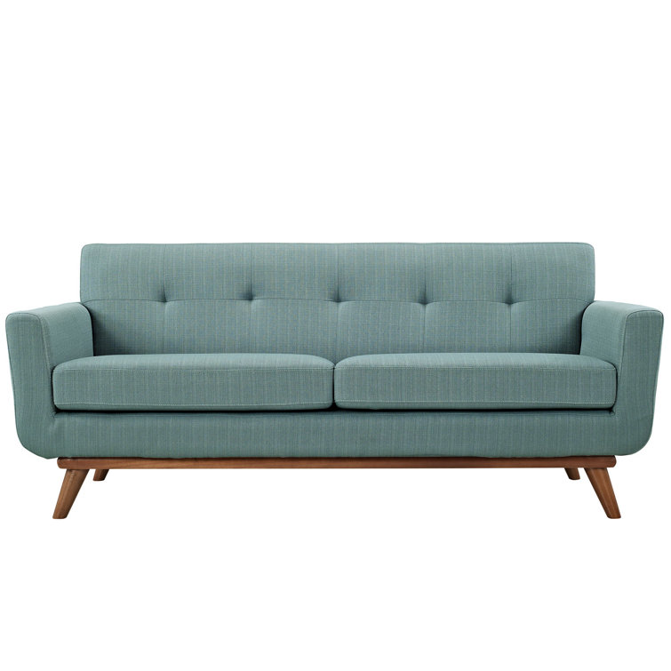 Laguna Blue Tufted Fabric Loveseat with Wood Legs