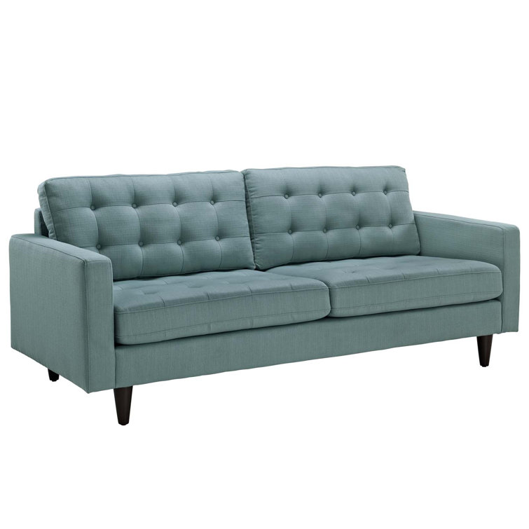 Laguna Blue Tufted Fabric Sofa with Wood Legs