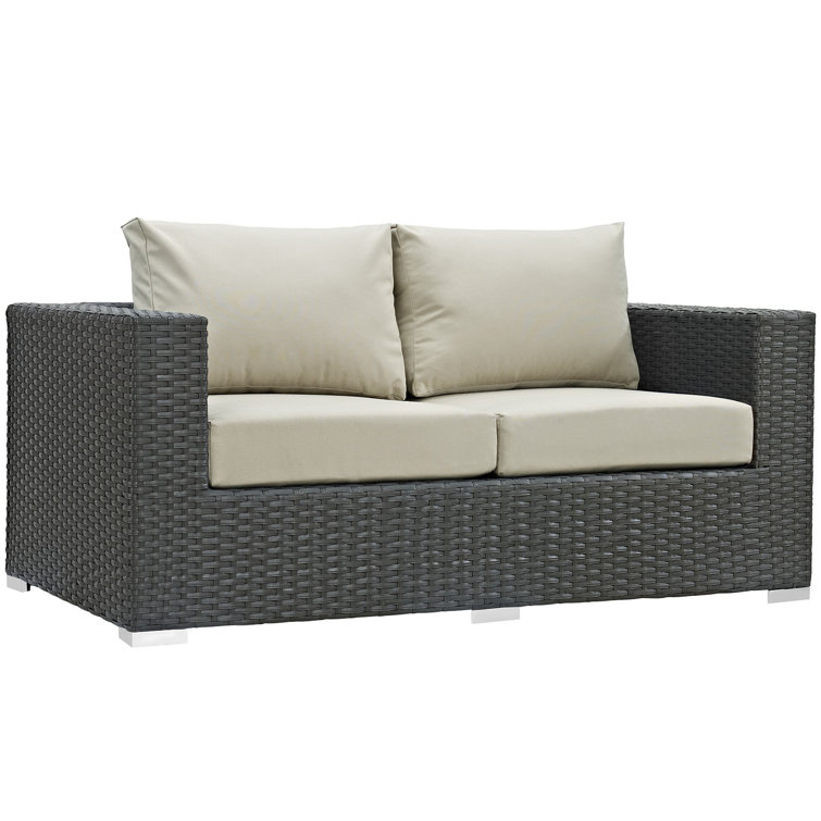 Antique Beige Wicker and Metal Outdoor Patio Loveseat