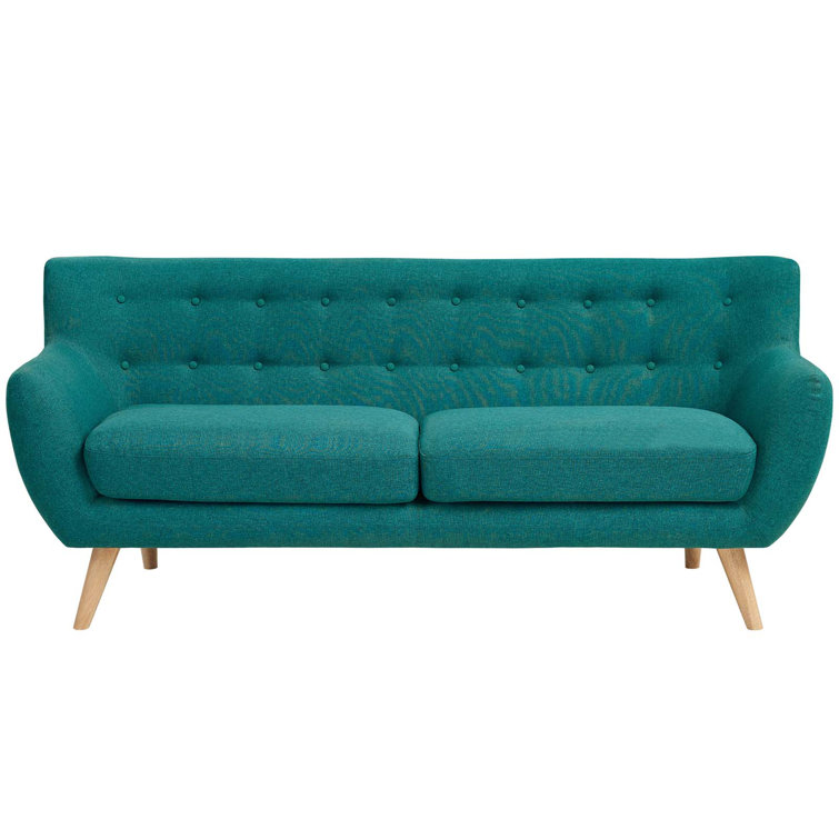 Teal Tufted Mid-Century Modern Fabric Sofa with Wood Legs