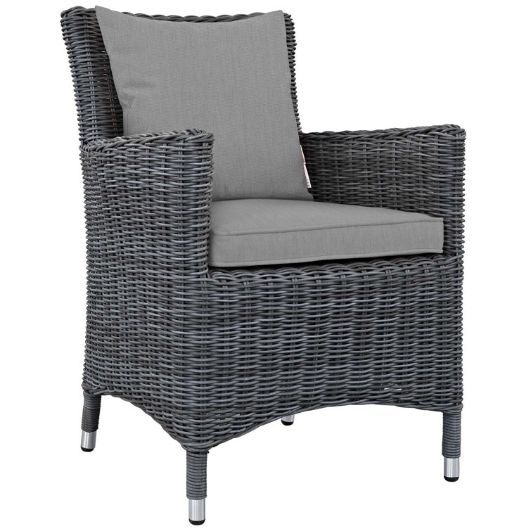 Gray Wicker Rattan Outdoor Dining Armchair with Cushions