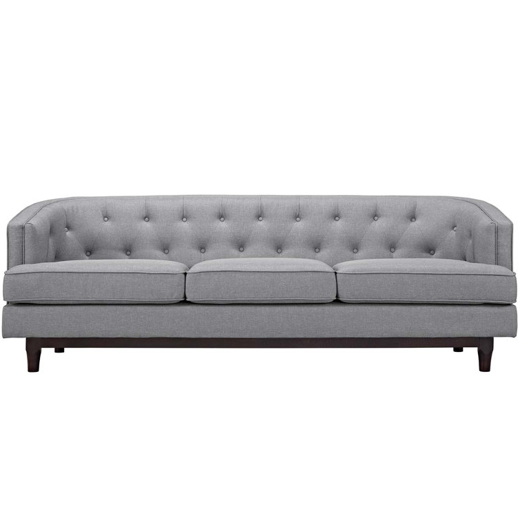 Elegant Light Gray Tufted Fabric Sofa with Walnut Wood Legs